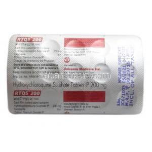 RTQS, ヒドロキシクロロキン　200mg, 製造元：Univentis Medicare Ltd, シート情報